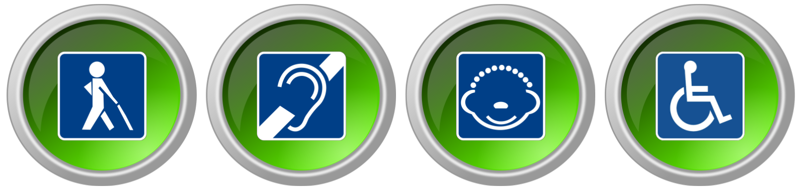 A row of four circular, glossy green buttons with metallic silver borders. Each button contains a dark blue square icon with white symbols representing different accessibility needs: a person using a white cane, an ear with a diagonal slash, a stylized face representing neurodiversity or cognitive access, and the international symbol for wheelchair accessibility.