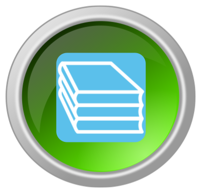 A round, glossy green button with a metallic silver border. In the center is a light blue square icon featuring a white line-art illustration of a stack of three books or bound documents.