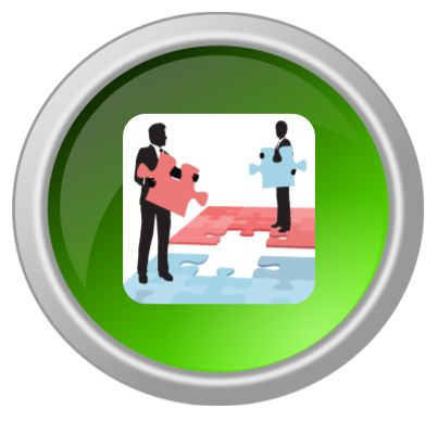 A circular, glossy green button with a metallic silver rim. The center features a white square icon depicting two silhouettes in business attire standing on a puzzle-piece floor, each holding a large puzzle piece—one red and one blue—to bridge a gap between them.