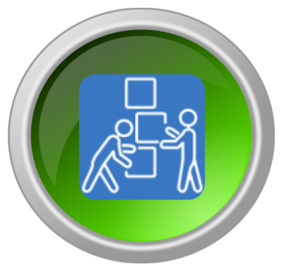 A round, glossy green button with a metallic silver border. In the center is a blue square icon containing white line art of two stylized people working together to stack or organize three square boxes.