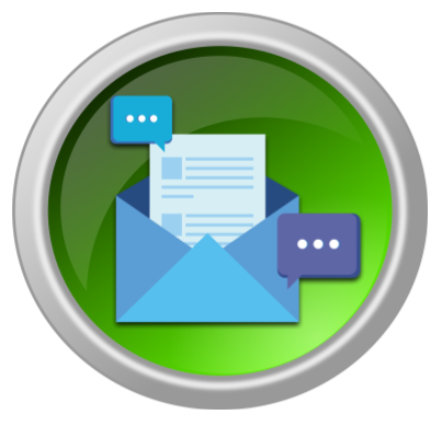 A glossy green circular button with a silver border, featuring a blue open envelope with a letter emerging from it. The icon is flanked by two speech bubbles with ellipsis points, representing email and message communications.