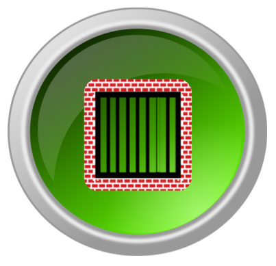 A glossy, circular green button with a silver metallic rim, featuring a square icon of a barred window set in a red brick wall, representing corrections.