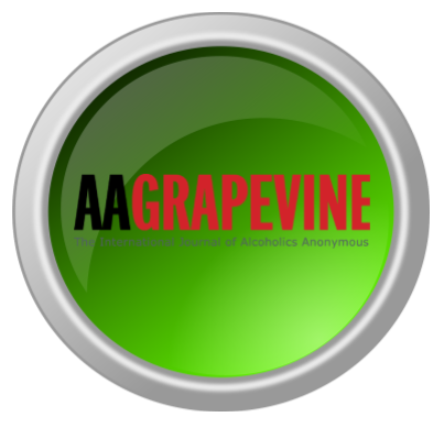 A glossy, circular green button with a silver metallic rim, featuring the "AA GRAPEVINE" logo in black and red text, with the subtext "The International Journal of Alcoholics Anonymous" below it.