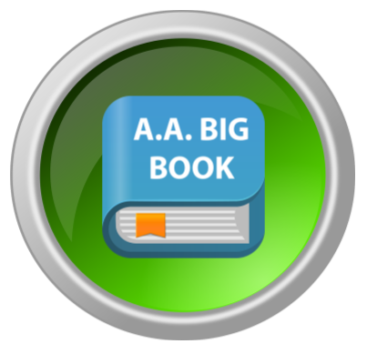 A glossy, circular green button with a silver metallic rim, featuring a blue book icon labeled "A.A. BIG BOOK" with an orange bookmark.
