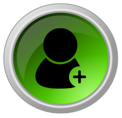 A circular green button icon with a metallic silver border, featuring a black silhouette of a person with a small plus sign (+) positioned at the bottom right of the figure.