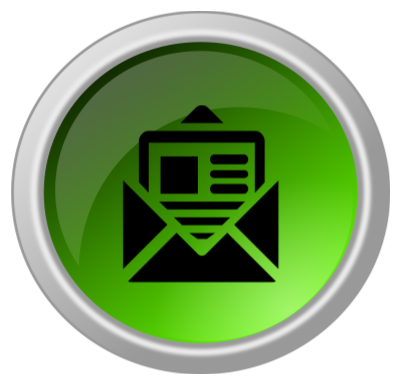 A glossy, circular green button with a silver metallic rim, featuring a black icon of a newsletter page emerging from an open envelope.