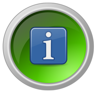 A glossy, circular green button with a silver metallic rim, featuring a blue square icon in the center containing a white lowercase "i" for information.