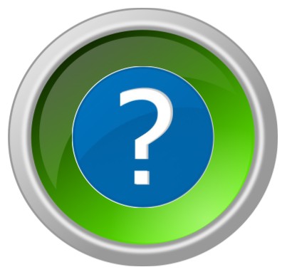 A circular green button icon with a metallic silver border, featuring a smaller blue circle in the center containing a white question mark.