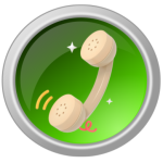 A glossy green circular button with a silver border, featuring a tan-colored vintage telephone handset. The handset is surrounded by small decorative sparkles and orange sound wave icons, suggesting a live call or help line.
