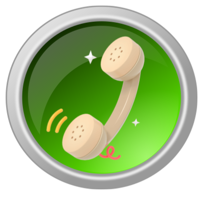 A glossy green circular button with a silver border, featuring a tan-colored vintage telephone handset. The handset is surrounded by small decorative sparkles and orange sound wave icons, suggesting a live call or help line.