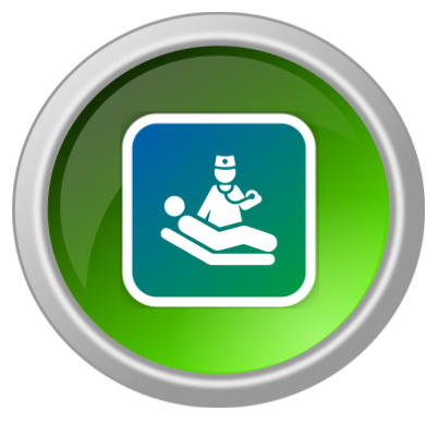 A circular green button icon with a metallic silver border, featuring a white silhouette of a person resting in a bed under a blanket, with a small heart icon positioned above them.