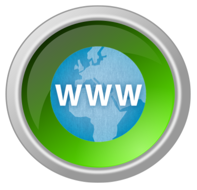 A circular green button icon with a metallic silver border, featuring a blue globe in the center with the white text "WWW" overlaid across it.