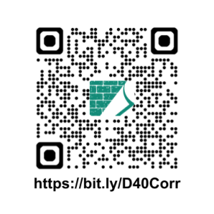 A QR code with a teal logo in the center resembling a stylized brick wall or grid with a peeled corner. Below the QR code is the text "https://bit.ly/D40Corr" in a bold, black sans-serif font against a white background.