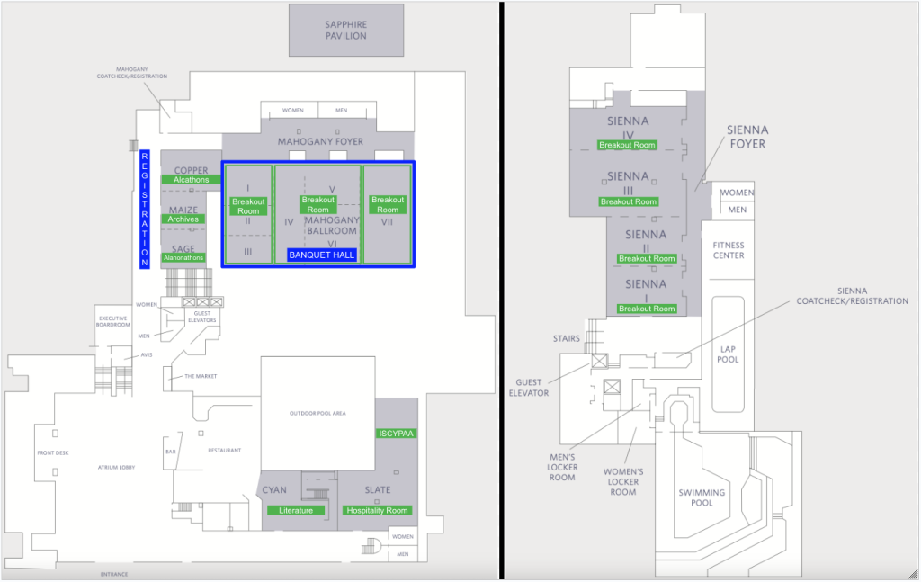 A two-part floor plan map of a convention center facility, likely for an AA or recovery-related event based on labeled rooms. Left Map: Shows the main level featuring the Mahogany Ballroom (split into a Banquet Hall and Breakout Rooms), Mahogany Foyer, and rooms for Alcathons, Archives, and Alanonathons. Other areas include a Registration desk, Hospitality Room in the Slate room, Literature in the Cyan room, and the outdoor pool area. Right Map: Highlights a second level or wing containing the Sienna Foyer and four Sienna Breakout Rooms (I through IV). This area is situated near the fitness center, lap pool, and locker rooms.
